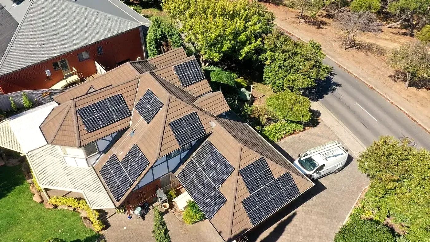 Aerial view of a South Australian home with a Deionno solar panel installation